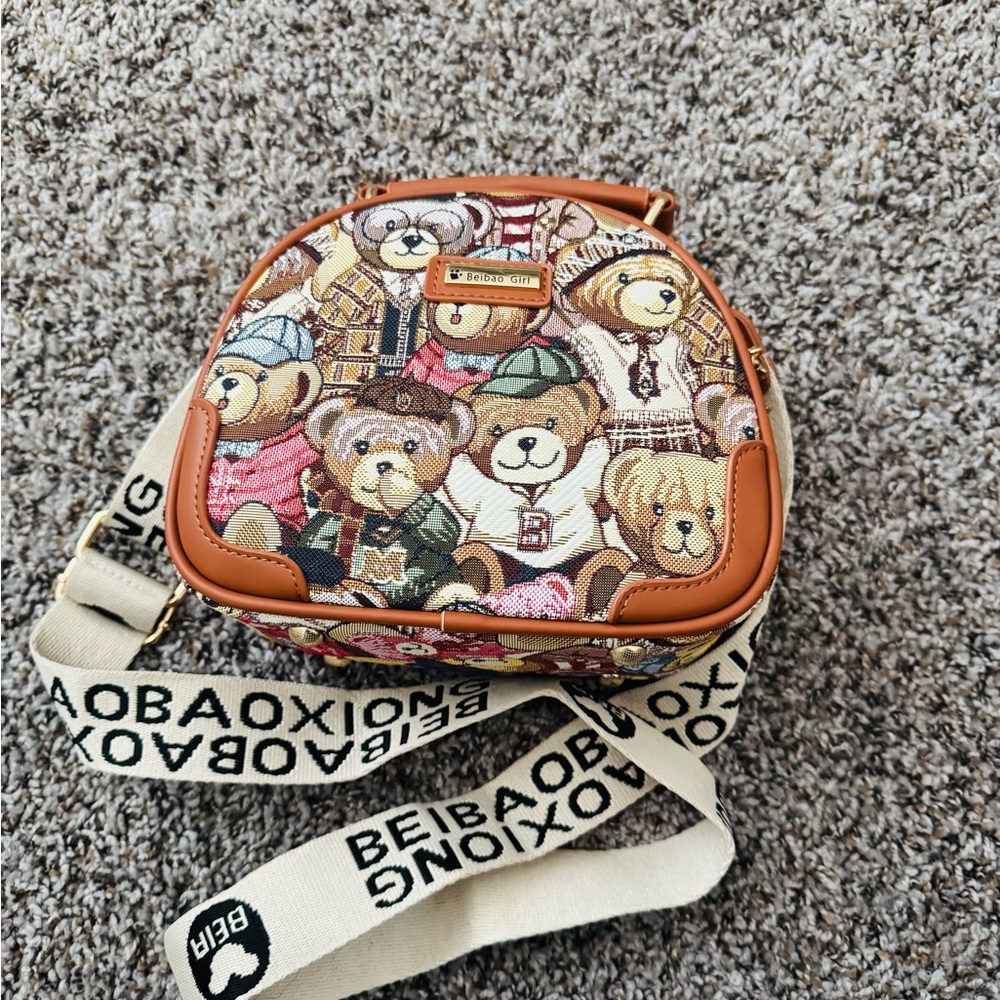 Teddy Bear Print Crossbody Bag in Brown and Cream